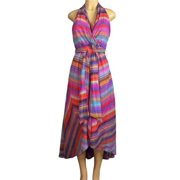 Muse for Boston Proper Halter Sleeveless Midi Dress Bright Color Zigzag Size 4 - Picture 1 of 10